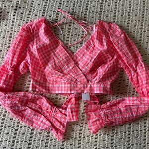 Topshop Coral Checkered Wrap Top
